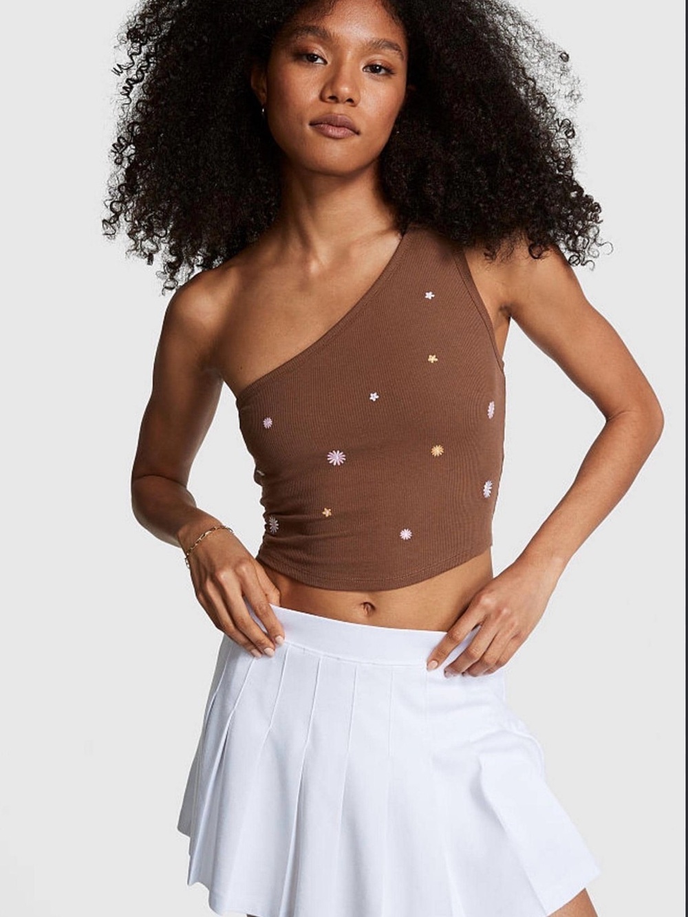 Pink Women’s One-Shoulder Daisy Embroidered Crop Top Built in Bra- Brown